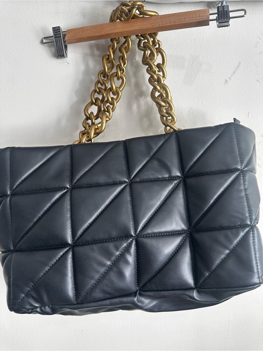 Black Leather Shoulder Bag with Gold Chain